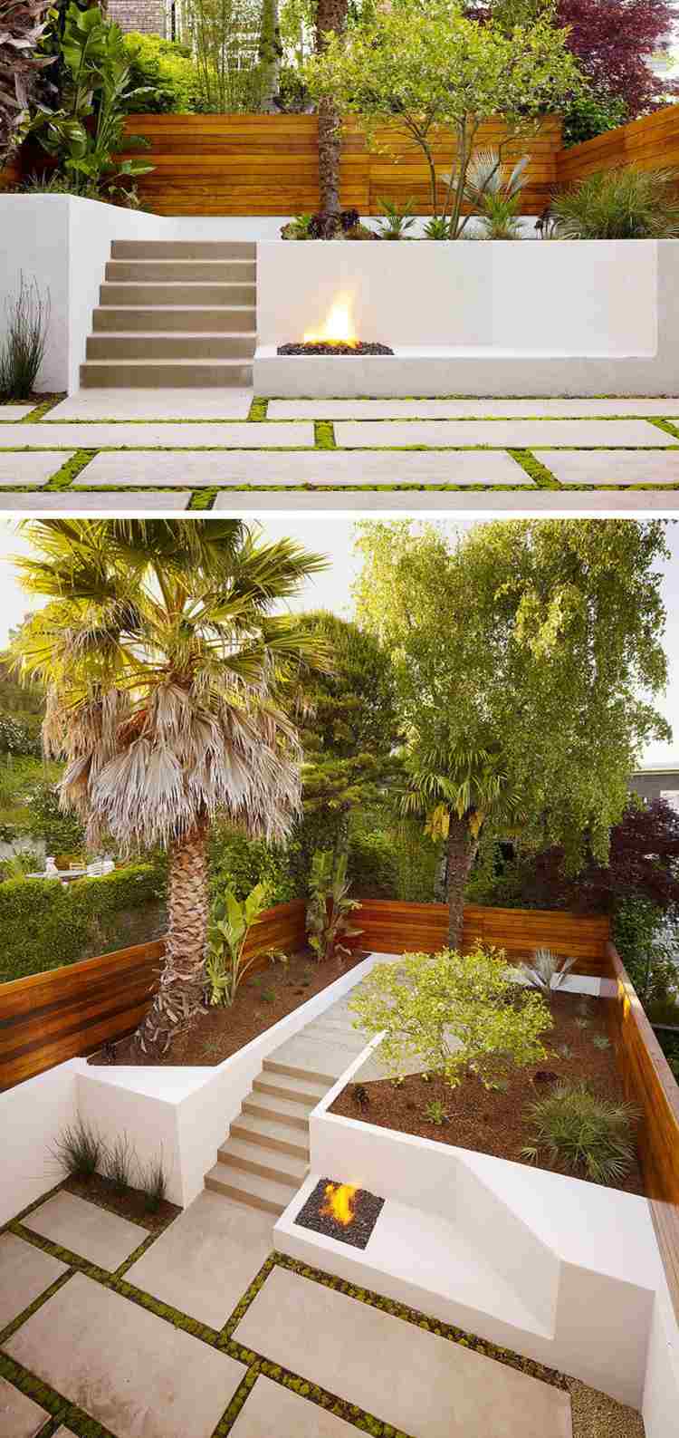 terrass-sluttning-minimalistisk-sten-platta-öppen spis-sekretess-skärm-trä