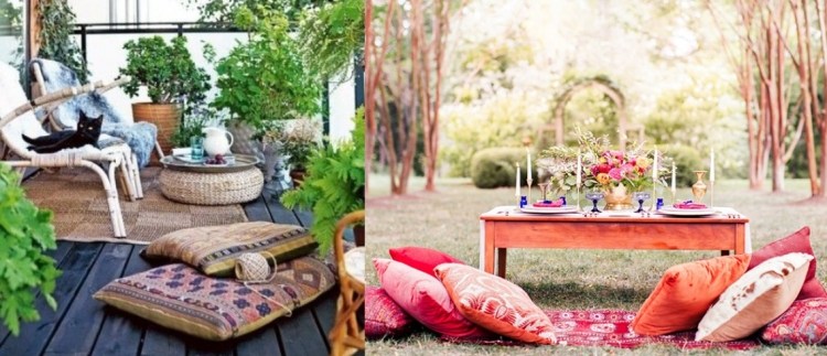 Sätt upp terrassen -design-boho-still-trädgård-romantisk-sitt-kuddar-avkoppling-collage