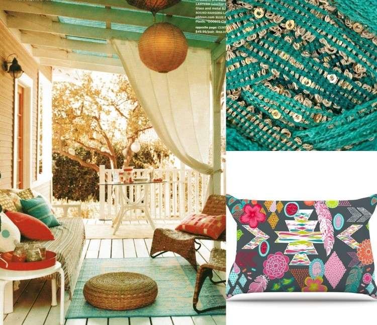 Inred terrassen -design-boho-stil-mönster-färgglada-möblering-collage