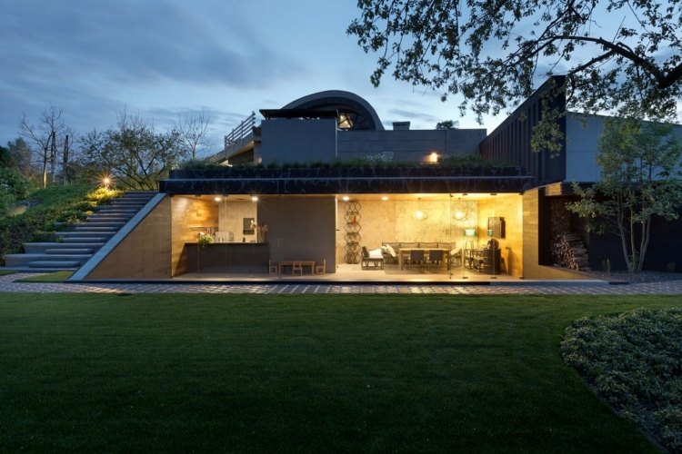 Terrass och trädgård -moderna-arkitektur-landskap-gräsmatta-belysning-takterrass-fönstervägg