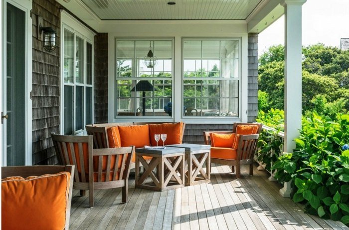 klädsel orange terrass veranda idéer dekorera atmosfären varm
