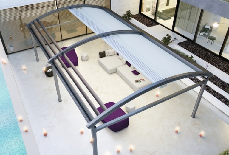 terrass tak aluminium svart rund glasskydd modernt