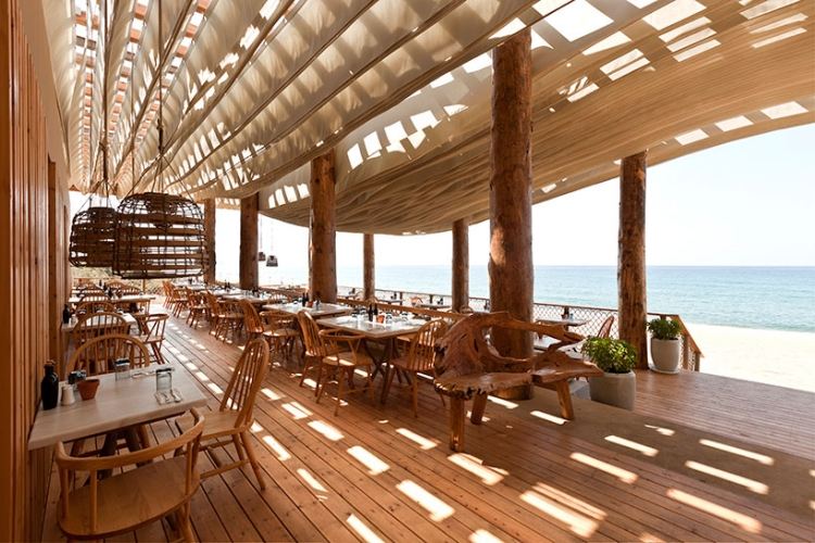 Terrass tak-trä-skugga-strand-restaurang-sol-hav-platser