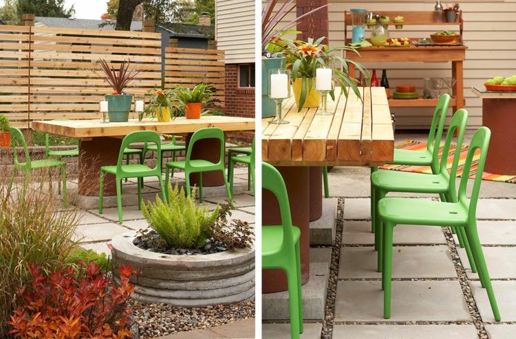 Terrassplattor-betong-matbord-trä-gröna-stolar-grus-fog-upphöjd säng-rund