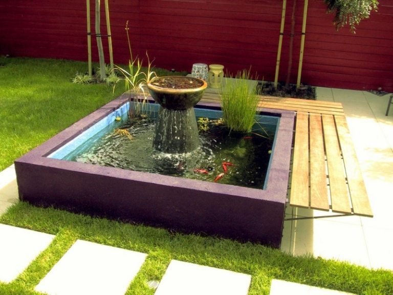 Skapa en terrass-damm-trädgård-bänk-modern-Koi-fisk