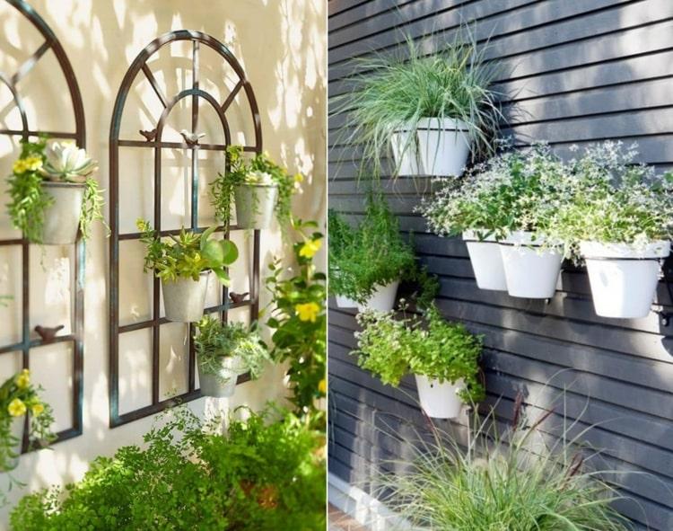 Gamla fönster som uteplatsdekorationer för hängande växter