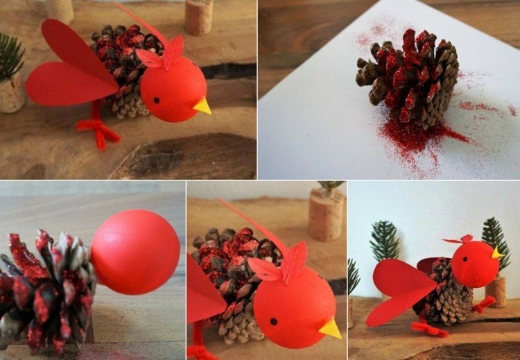 Gör djur av kottar - röd fågel med hjärta och bordtennisboll