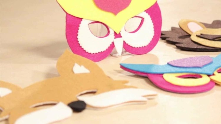 Gör djurmasker filt-karneval-masker-brun-räv-rosa-gul-blå-uggla