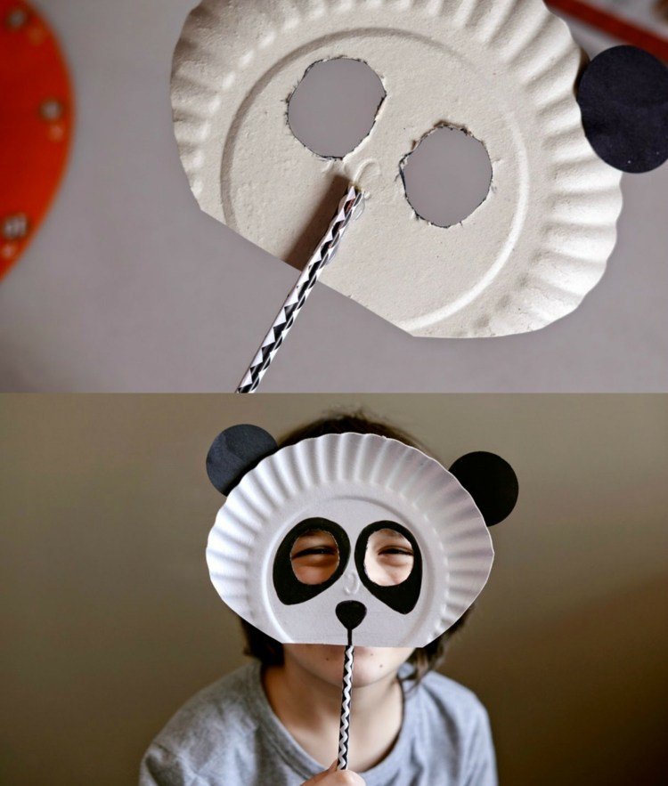 djurmasker-tinker-papper-tallrik-karneval-masker-panda-baer-svarta-öron-stick-barnmask