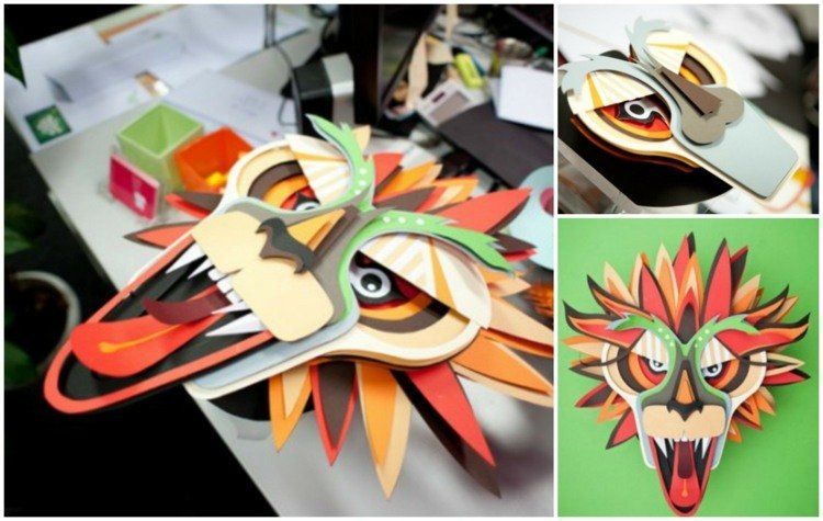 djurmasker-tinker-papper-karneval-mask-3d-orange-gul-grön-brun-röd-lejon