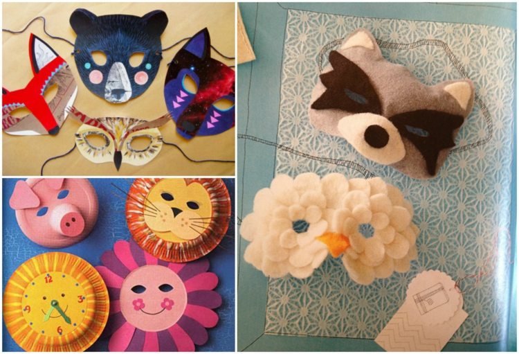 Tinker djurmasker med filtpapper-tallrikar-papper-karneval-masker-sy-räv-björn-uggla-varg-tvättbjörn-gris-lejon