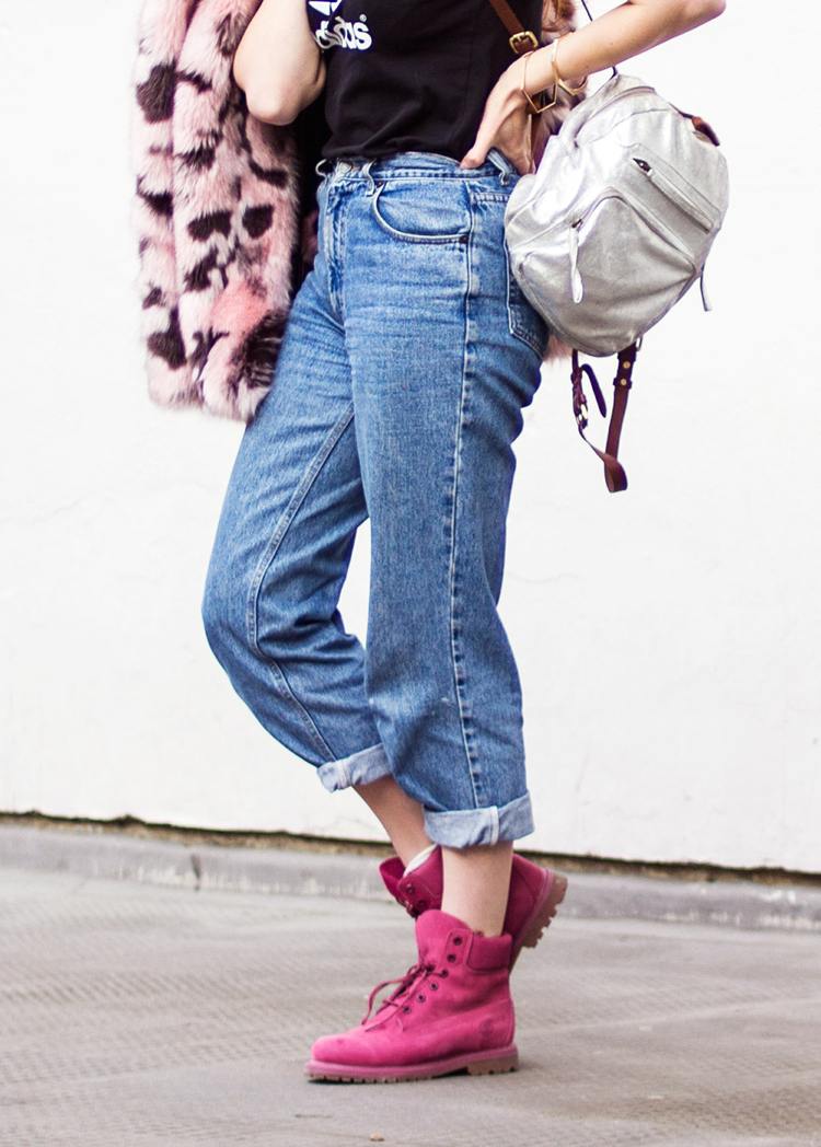 timberland stövlar stil outfit rosa jeans flickvän