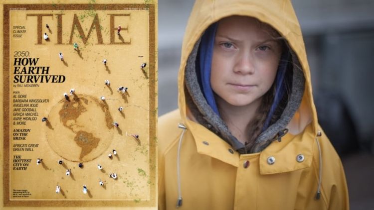 tidningens tidning med greta thunberg klädd i en gul regnjacka