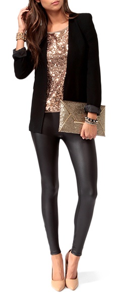 silverster outfit 2013 casual outfit läder leggings blazer glitter blus clutch