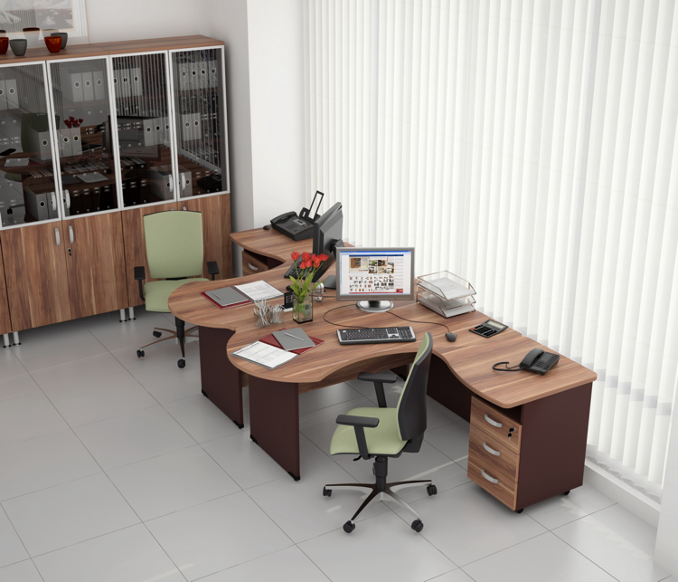 kontorsmöbler-skrivbord-program-hörn-skrivbord-medium-mörkt-trä-grönt-kontorsstolar