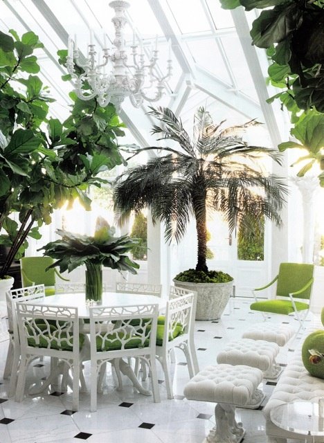 Växter i vinterträdgården palmer kruka golvplattor vita möbler gröna kuddar