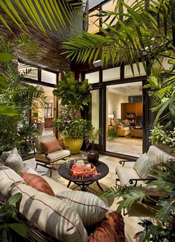 vinterträdgård växter palmer sekretess skärm glas skjutdörrar hus
