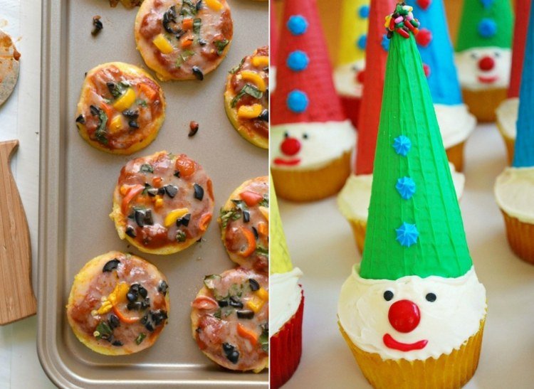 Minipizza och muffins med karnevaltema är populära bland barn
