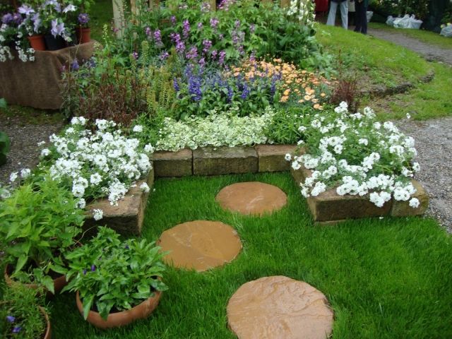 design liten trädgård klivstenar prydnadsväxter gräsmatta