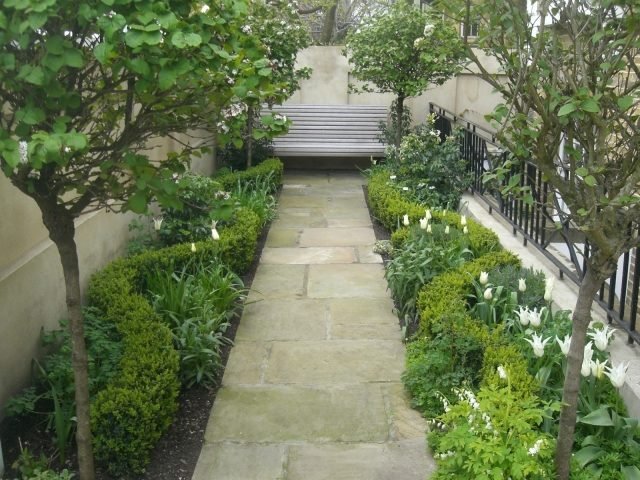 trädgård design trottoar sten plattor vita tulpaner bänk