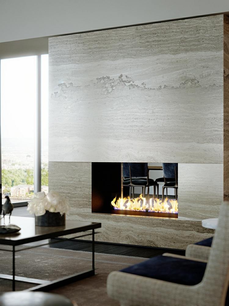 tips för att designa vardagsrummet grå marmor spis modern design gas