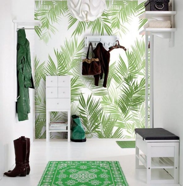 tips för hall design dekor tapeter palmer lämnar hyllor matta