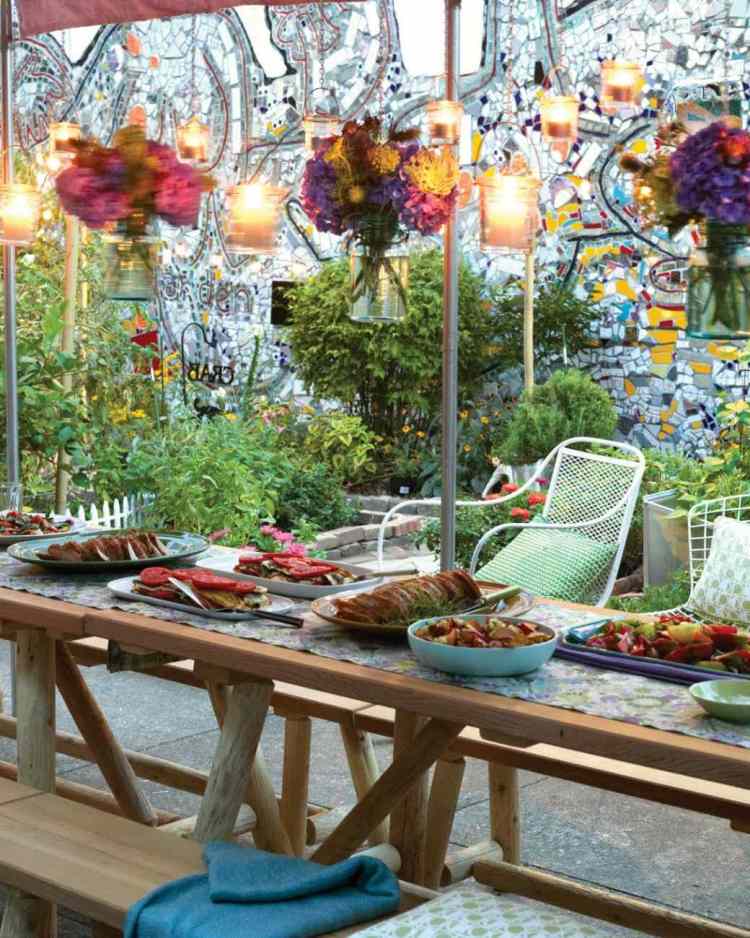 bord-dekoration-trädgård-bukett-trädgård-fest-bord-trä-ljus-ljus
