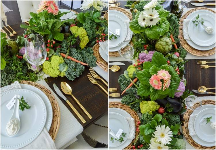 bordsdekoration med grönsaksidé salladskålblommor