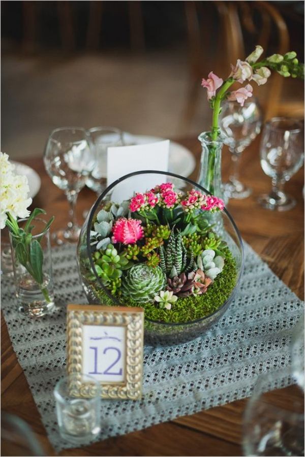 Bordsdekoration för bröllopsidéer-runda-glas-vas-succulenter-mossa-kaktusar