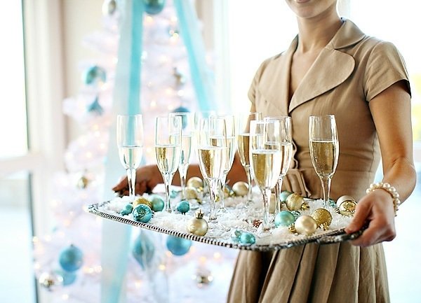 Festbord dekoration Champagne servera gyllene blå boll