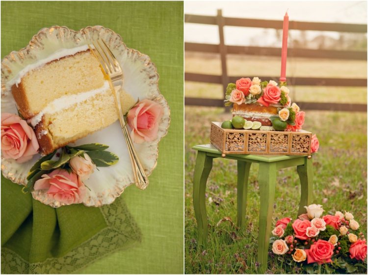 bordsdekoration-idéer-bröllop-dessert-tallrik-tårta-gaffel-korall-rosor-grön-lime-kaka-stå-gammalt-guld-ljus-duk servett