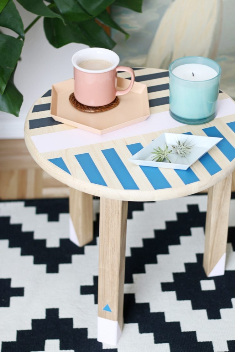 bordsdekoration-gör-det-själv-geometriska-mönster-sidobord-trä-rund-färg