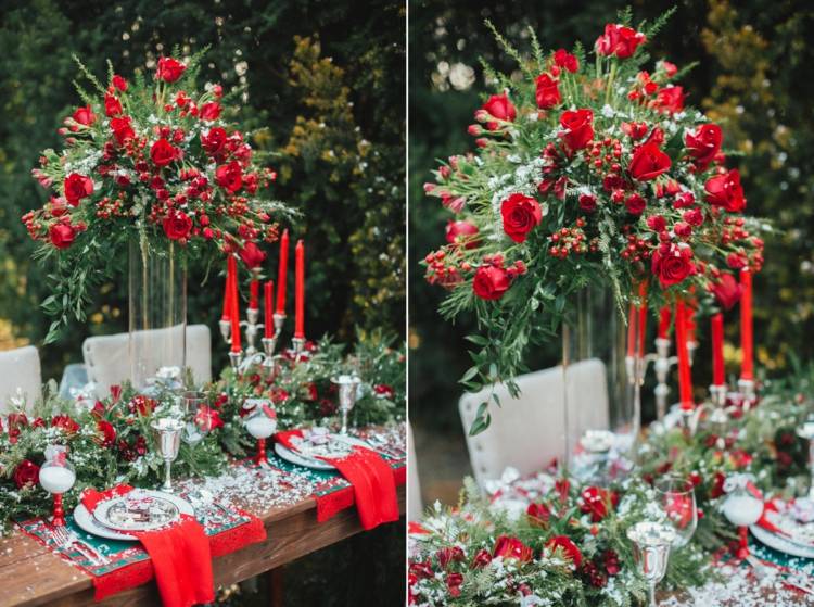 vinter juldekoration bröllop röda gröna rosor ljus