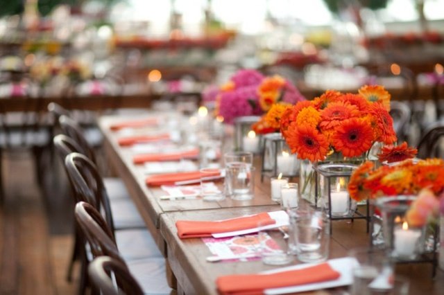 orange färgblommor på trädgårdsbordet anordnar fest