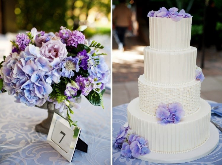 Bordsdekoration med hortensior-bröllop-bröllop-tårta-vita-blommor-violett-faller-färg