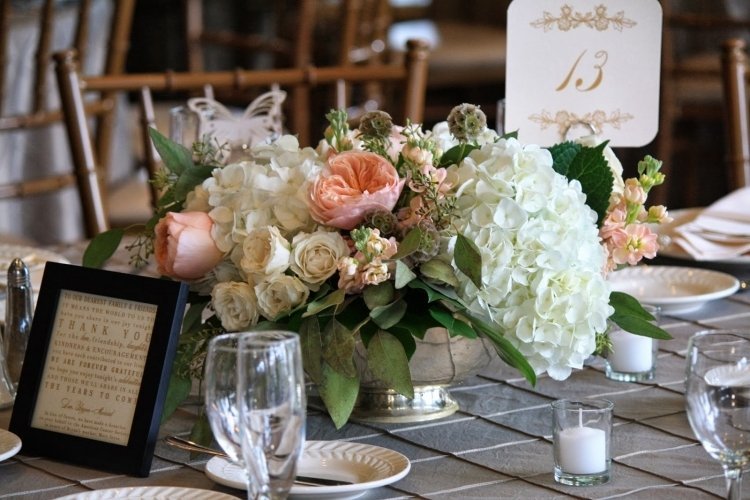 bordsdekoration-hortensia-bröllop-bukett-blommor-rosor-bordsduk-grå-rätter-vit