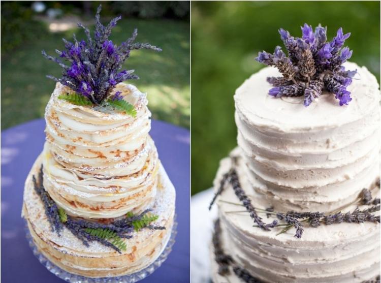 Bordsdekoration med lavendel bröllopstårta arom färg