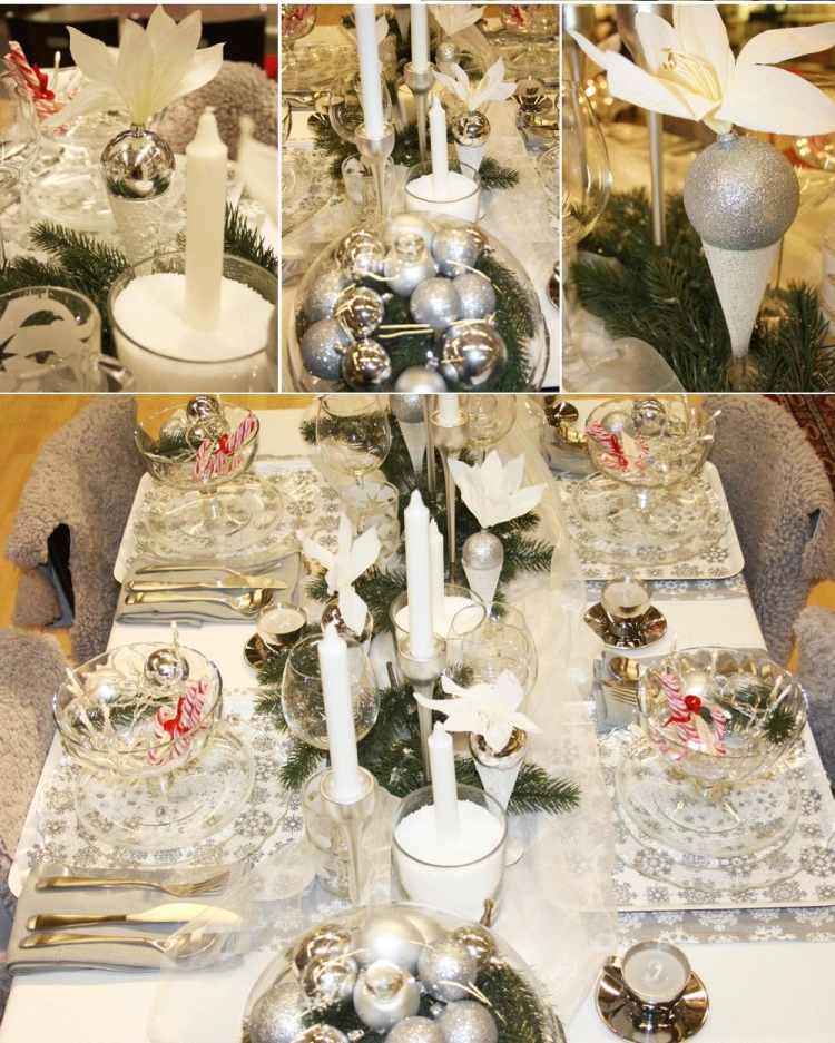 bordsdekoration-jul-idéer-vitt-silver-bestick-klockglas-gran-grenar
