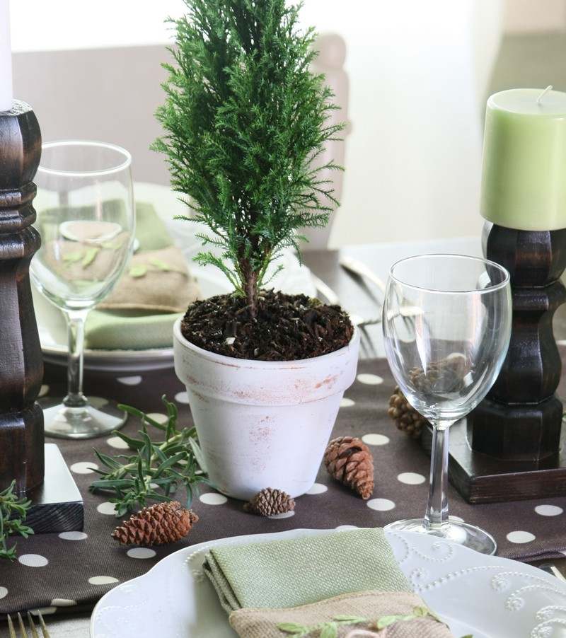 Bordsdekoration-jul-idéer-krukväxter-grönt-ljus-vänd-bord-ben-ljusstake