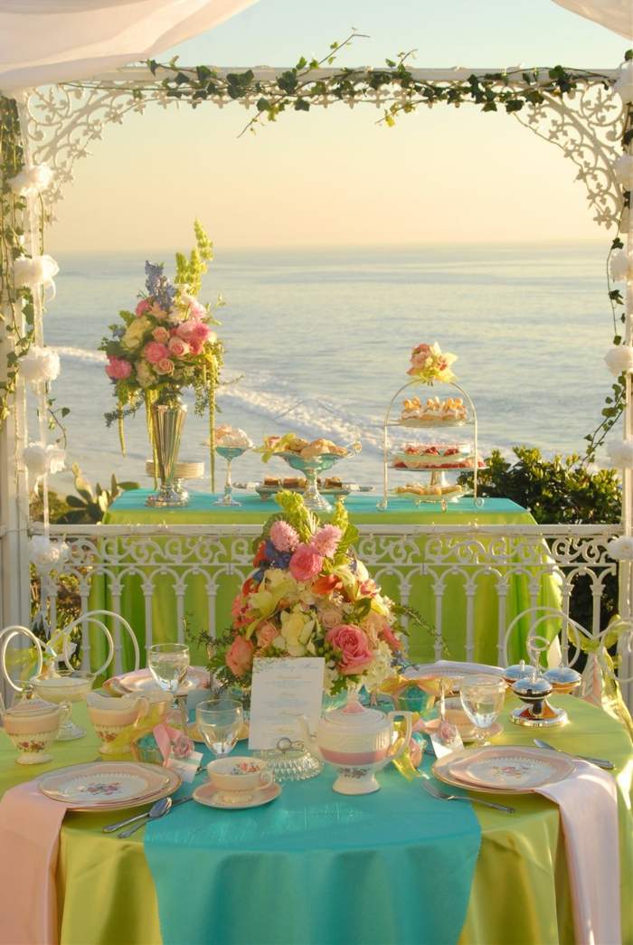 romantik bröllop grön turkos outlook havet design bordsdekoration