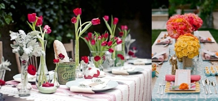 tulpaner rosor gult bord dekorationer sommar bröllop vaser bukett