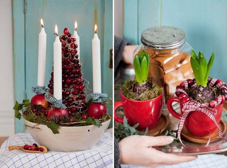 Bordsdekoration för jul advent-krans-gran-träd-bär-äpplen-stankljus-hyacint-röda-koppar