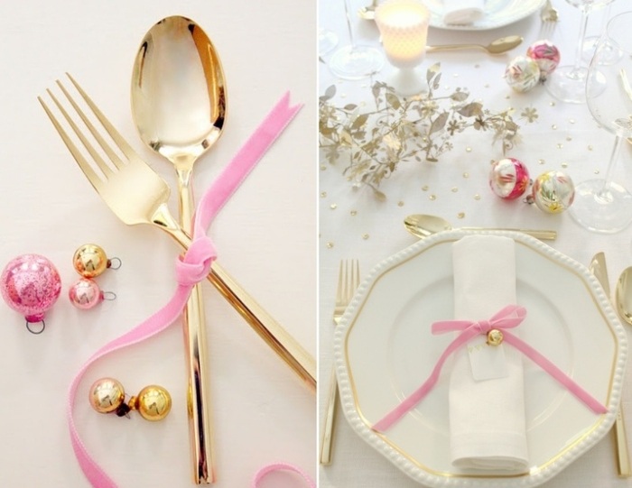 bordsdekoration-snygga-idéer-jul-med-guld-bestick-rosa-bågar-kulor