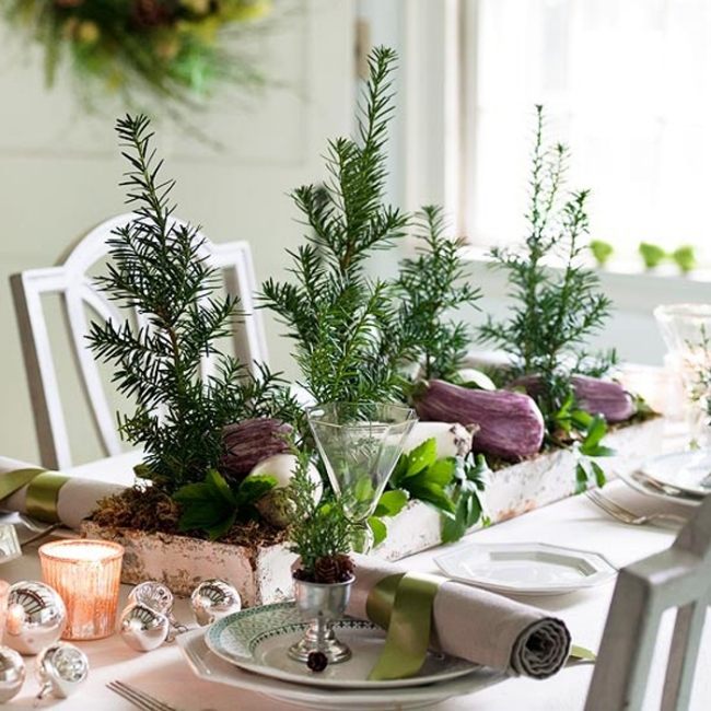 idéer-färsk-jul-dekoration-till-bord-med-gröna-gran-grenar-auberginer