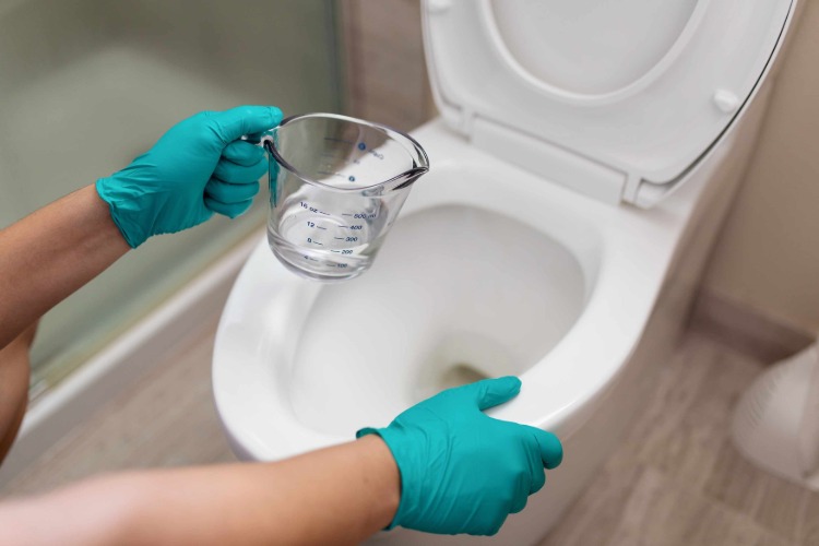 med en lösning av ättika toalett ren med läsk häll i dräneringshålet