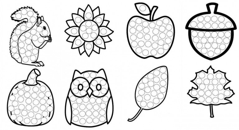 Höstmotiv att designa med prickar - ekorre, uggla, äpple, pumpa, löv, ekollon och solros
