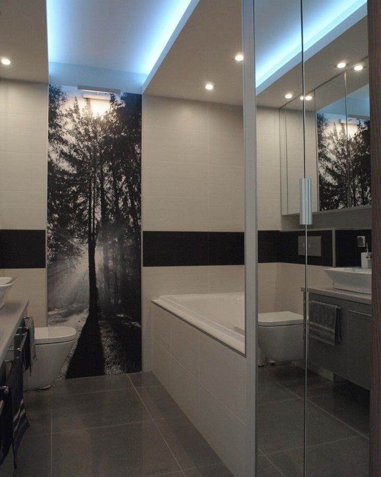Fototapet design badrum-svart-vit-blå-led-indirekt-takbelysning