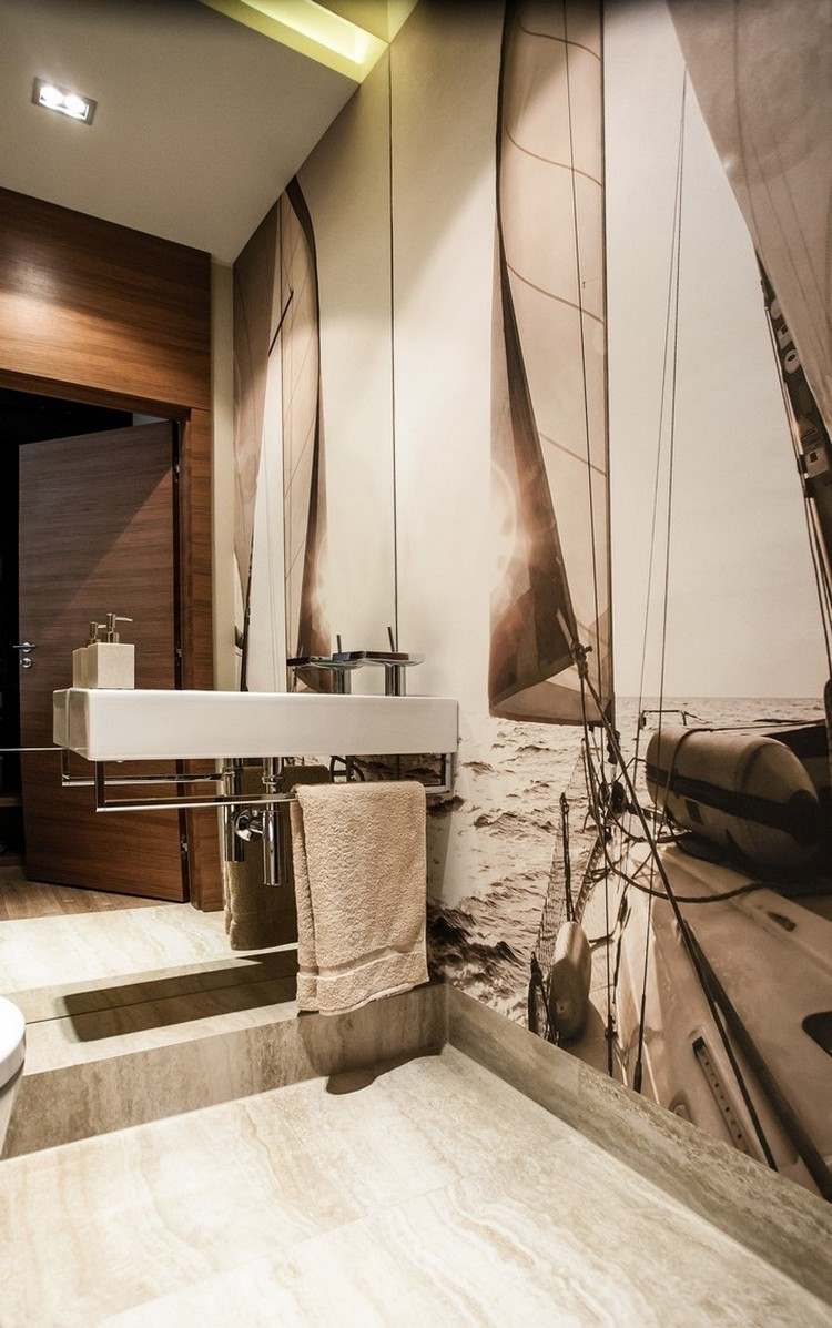 Fototapet design badrum-segelbåt-brun-tonad spegelvägg