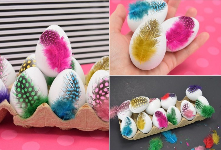 Färgglada fjädrar som dekoration för påskägget - enkel hantverksidé för barn och vuxna