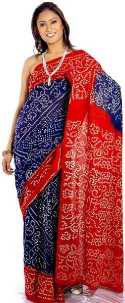 Sininen ja punainen Bandhani Rajasthani Saree